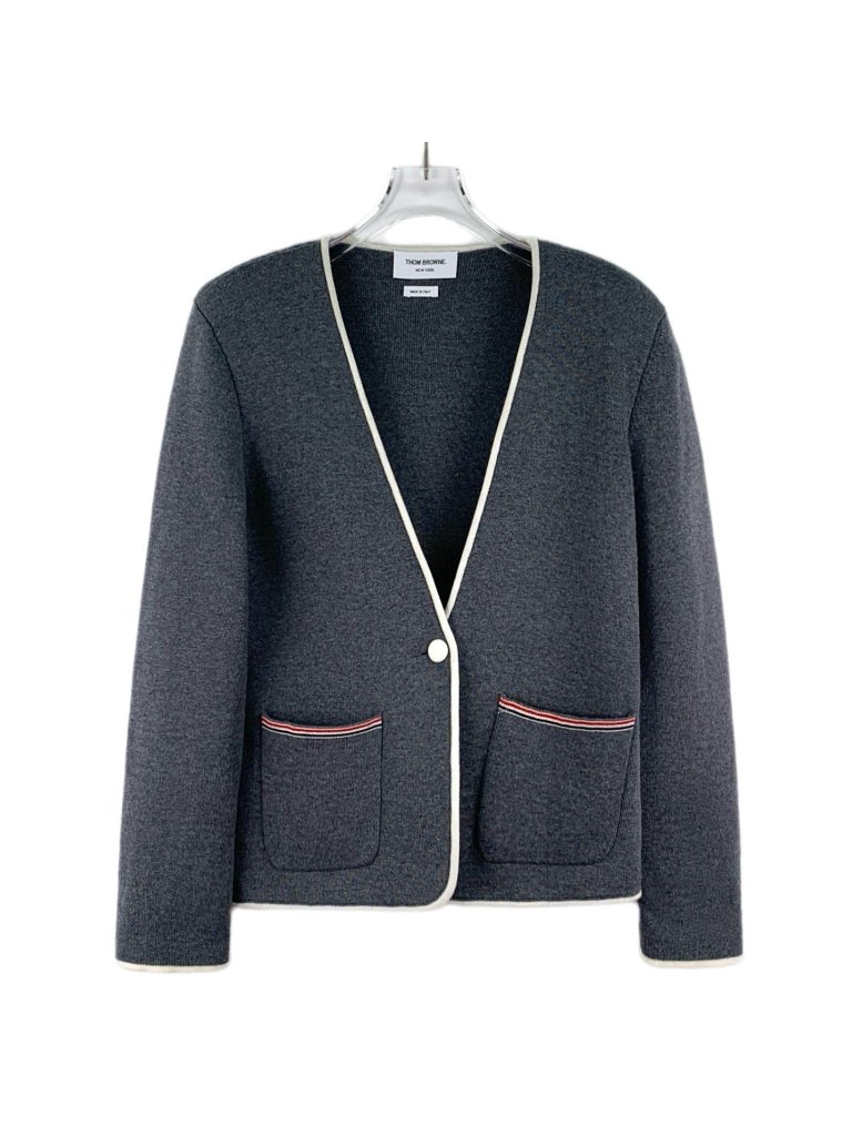 Thom Browne Dark Grey Wool V-Neck Single-Button Long-Sleeve Jacket
